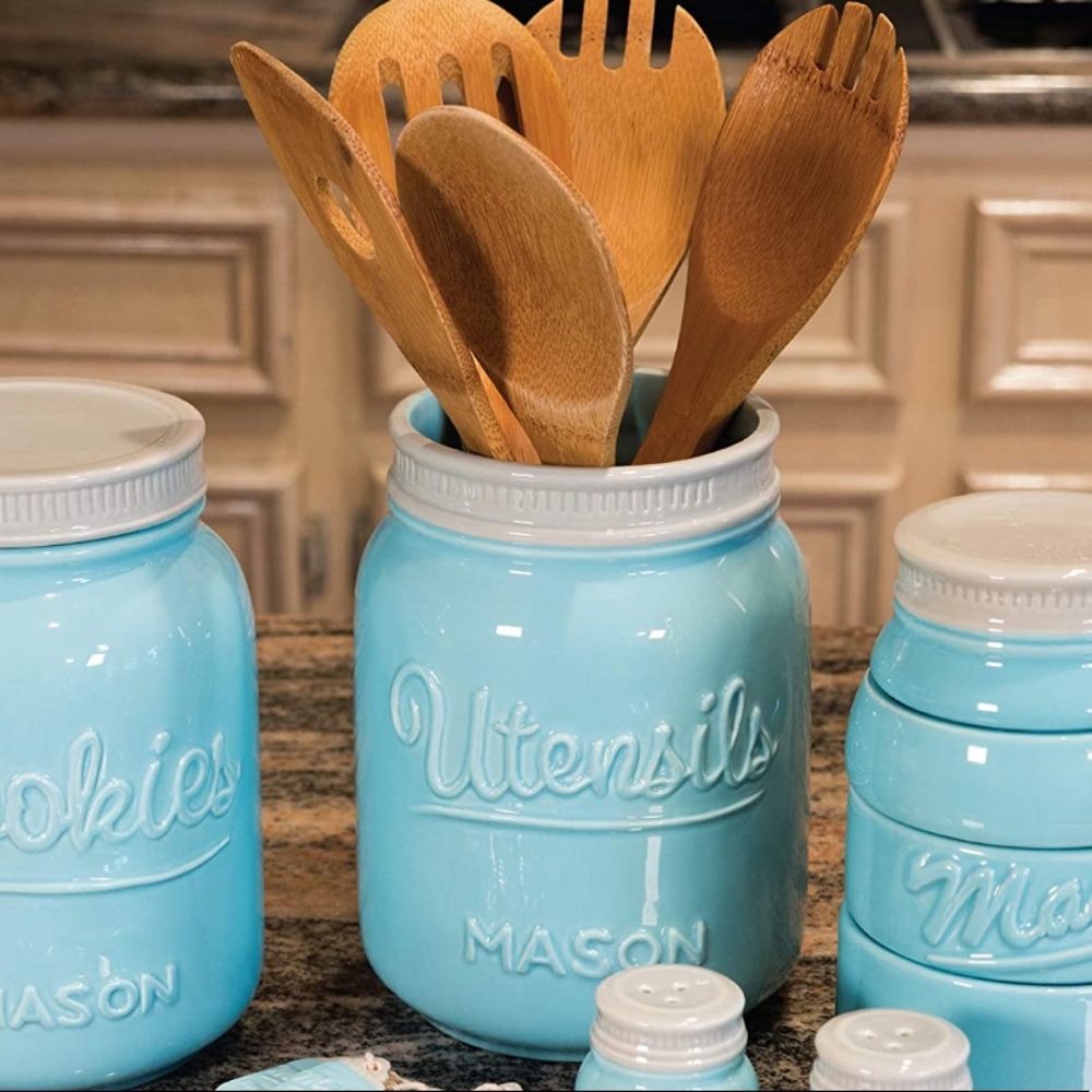 Rustic farmhouse blue mason jar utensil container